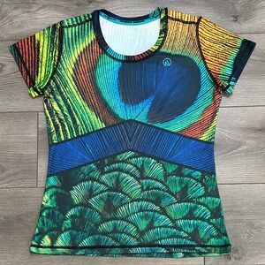 INKnBURN Peakcock Feather Tech Short Sleeve Shirt Multicolor Blue Green Size M